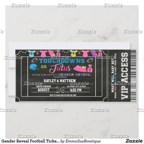 Gender Reveal Football Ticket Touchdown or Tutus Invitation Touchdown Or Tutus, Gender Reveal Football, Tutu Invitations, Football Gender Reveal, Gender Reveal Party Invitations, Football Ticket, Pom Pom Girl, Gender Reveal Invitations, Baby Shower Gender Reveal