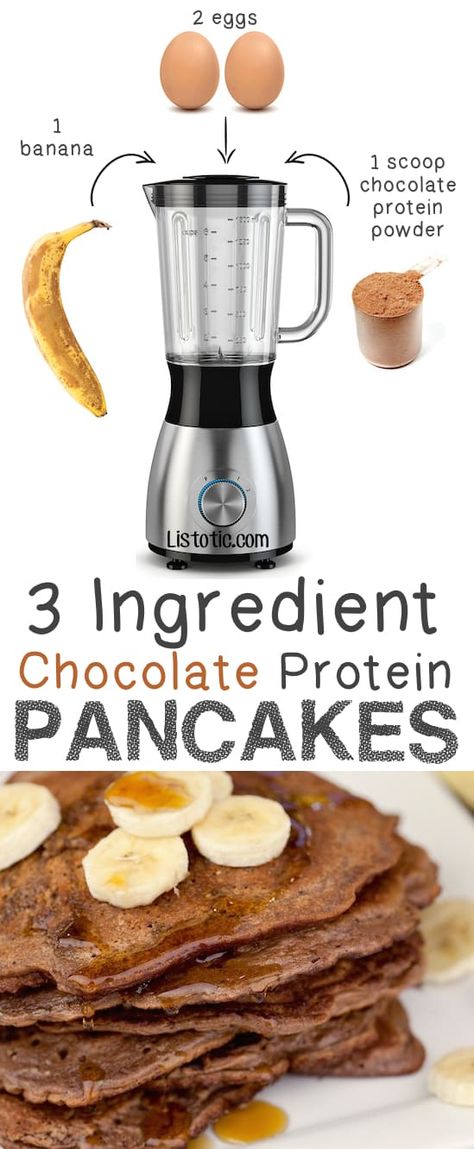 3 Ingredient Chocolate Protein Pancakes... gluten free breakfast! -- Quick, easy and healthy 3 ingredient snacks for kids, teens and adults! The perfect guilt-free treats and desserts! These recipes are perfect for weight loss and health. Find more healthy recipes on Listotic. #easybreakfastideas Pancakes Low Carb, Chocolate Protein Pancakes, Protein Dinner, Protein Powder Recipes, Chocolate Protein Powder, Bariatric Recipes, Protein Pancakes, Gluten Free Breakfasts, Chocolate Protein