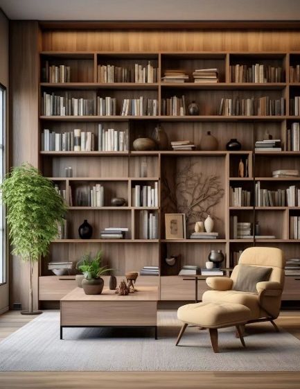 Modern Office Bookshelves, Show Unit Interior Design, Bookshelves Japandi, Book Shelves Tv Wall, Luxurious Bookshelves, Modern Office Library, Bookshelf Living Room Ideas, Modern Home Library Design, Home Library Modern