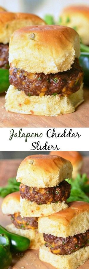 Jalapeno Cheddar Sliders. DELICIOUS little cheeseburgers with a kick of jalapenos and cheese mixed right in. Jalapeno Cheddar Burger, Cheddar Jalapeno Burgers, Sports Appetizers, Healthy Sliders, Jalapeno Rolls, Mini Cheeseburger, Cheeseburger Sliders, Jalapeno Peppers, Burger Sliders