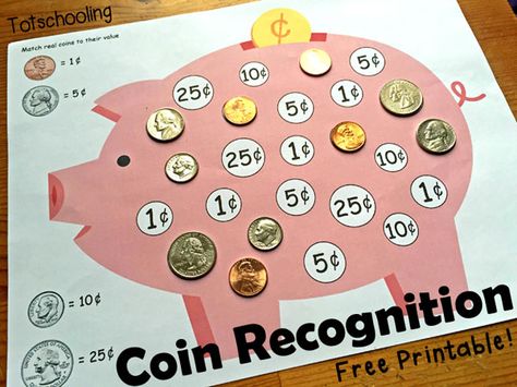 Piggy Bank Coin Recognition Printable | Totschooling - Toddler and Preschool Educational Printable Activities Money Kindergarten, English Synonyms, Educational Toddler Activities, Teaching Money, Money Activities, Homeschool Preschool Activities, Money Math, Homeschool Learning, Homeschool Kindergarten