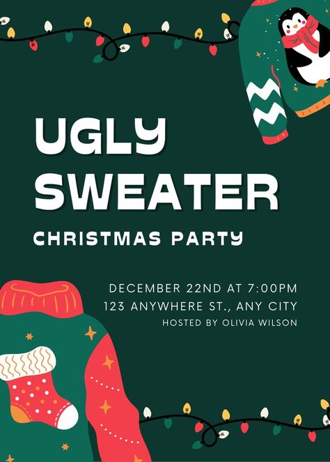 Hello ✨ Im happy to share with you a Free Ugly Sweater Christmas Party Template, you can clic on the link or check my Canva Creator profile https://www.canva.com/p/cristinaglz/ Ugly Christmas Sweater Party Invitations, Halloween Party Bags, Ugly Sweater Christmas Party, Christmas Party Invitation Template, Ugly Sweater Christmas, Holiday Christmas Party, Party Template, Christmas Party Invitation, Halloween Tags