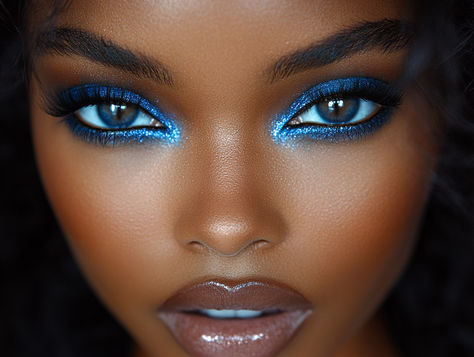 Learn how to achieve a flawless blue smokey eye! 💙✨ Start with a neutral base, blend dark blue into the crease, and add shimmer to the center for extra pop. Perfect for a bold, dramatic look! #BlueSmokeyEye #MakeupTutorial #EyeMakeup #SmokeyEyeTips Blue And Silver Makeup Looks Black Women, Navy Blue Eyeshadow Looks, Dark Blue Makeup Looks, Sky Blue Eye Makeup, Blue Wedding Makeup, Navy Blue Eyeshadow, Sky Blue Eyes, Wedding Makeup Blue, Blue Eyeshadow Looks