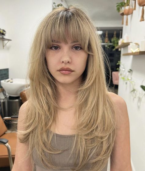 Long Hair Half Up Half Down With Bangs, Butterfly Haircut With Full Bangs, Long Choppy Layers With Bangs, Mid Length Hair With Fringe Bangs, Hair With Wispy Bangs, Bang Inspo, 2024 Haircut, Rachel Haircut, Haircut 2024