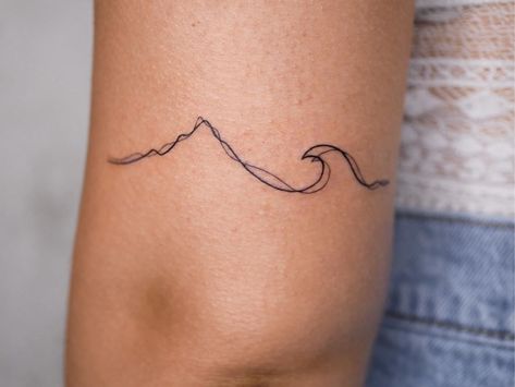 Mountains Waves Tattoo, Mountain To Wave Tattoo, Mountains And Beaches Tattoo, Mountain To Ocean Tattoo, Mountain Ocean Sun Tattoo, Mountain And Waves Tattoo, Roomie Tattoos, Mountain Beach Tattoo, Wave Mountain Tattoo