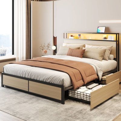 This versatile and functional bed is just the thing for your bedroom. The personalized and unique styled design features a dual-tier headboard and charging station. The headboard has a smart LED lighting system that can be controlled by a mobile app and remote control to set the mood of your bedroom. The bed also has a total of four lockable drawers on either side of the bed to suit your storage needs. The entire bed is constructed with a steel frame, giving you unprecedented stability. This mod Headboard Platform Bed, Queen Size Storage Bed, Day Bed Frame, Queen Platform Bed Frame, Platform Bed With Drawers, Bed With Led Lights, Full Size Bed Frame, Bookcase Headboard, King Size Bed Frame