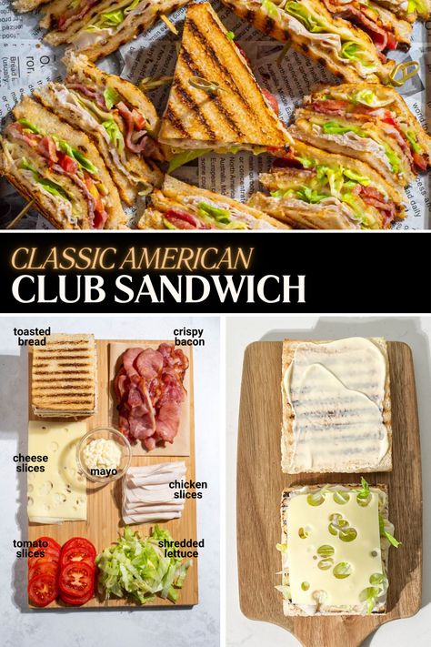 Club sandwiches on a tray lined with newspaper. College Sandwiches, Lunch Ideas Fancy, Club Sandwiches Recipes, Good Sandwiches For Lunch, Diner Lunch Ideas, Easy Delicious Sandwiches, Club Sandwich Ideas, Club Sandwich Sauce, Cold Sandwiches Ideas