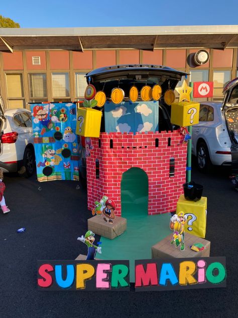 Diy Super Mario Decor, Trunk Or Treat Super Mario, Mario Trunk Or Treat Ideas For Cars, Mario Brothers Trunk Or Treat, Super Mario Bros Trunk Or Treat, Mario Castle, Mario Kart Trunk Or Treat, Mario Trunk Or Treat, Brick Wrapping Paper