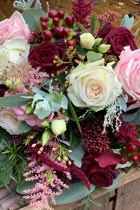 Blush Pink, burgundy and eucalyptus wedding bouquet Light Pink Bouquet, Eucalyptus Wedding Bouquet, Dark Green Wedding, Burgundy Wedding Colors, Burgundy And Blush Wedding, Wedding Isles, Green Wedding Colors, December Wedding, Eucalyptus Wedding