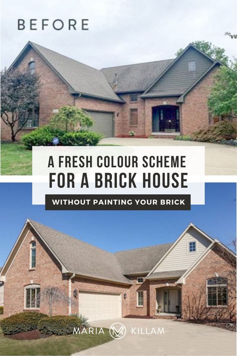 Often, the simple colour scheme is best, especially with a classic brick house like this one. You can still freshen up a classic brick house WITHOUT painting the brick exterior! House Trim Colors Exterior Brick, Pink Brick Exterior Makeover, House Trim Colors Exterior Pink Brick, Trim For Brick House, Pink Brick Home Exterior, Rose Brick House Exterior, Brown Brick Trim Colors, Painting Brown Brick Exterior, Orange Brick Home Exterior Colors