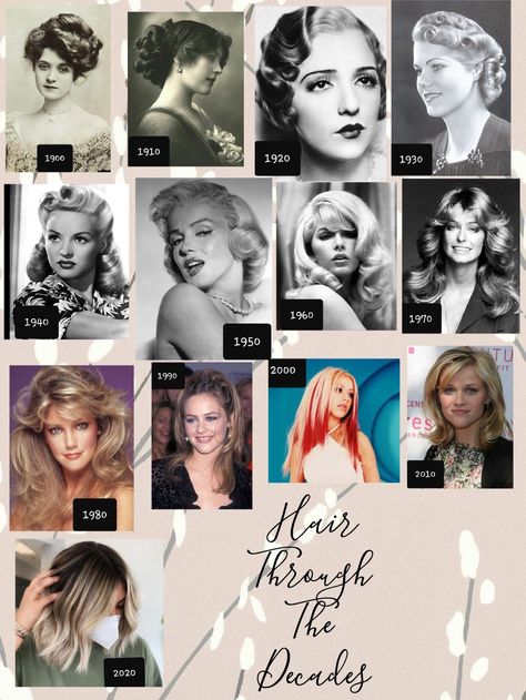 A collage of my favorite iconic hairstyles from 1900-2020 Hairstyles 1900, Hairstyles Through The Decades, 1910 Hairstyles, 1900s Hairstyles, 1800s Hairstyles, 1920 Hairstyles, 1920s Hair, Through The Decades, Old Hairstyles