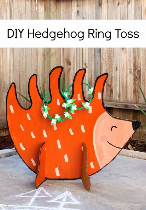 DIY Hedgehog Ring Toss (Made from cardboard!) Toss Game Diy, Diy Hedgehog, Woods Party, Stripey Socks, Woodland Creatures Party, Fuchs Baby, Woodland Animals Party, Forest Birthday Party, Hedgehog Birthday