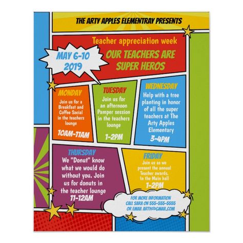 Superhero Teacher Appreciation Week, Spirit Week School, Super Hero Poster, Free Teacher Appreciation Gifts, Superhero Teacher Appreciation, Teacher Appreciation Week Themes, Superhero Teacher, Teachers Week, Staff Appreciation Week