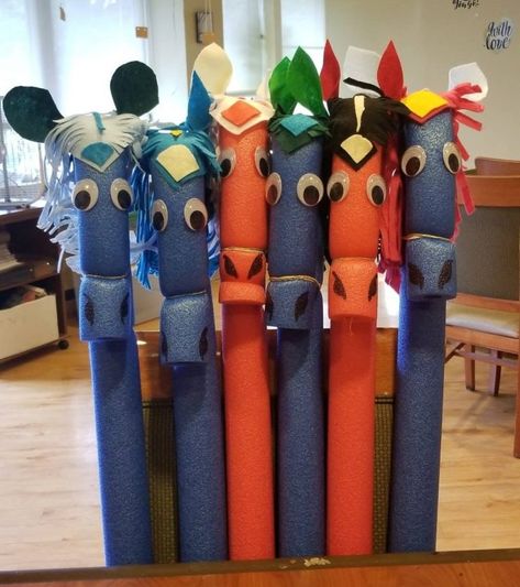 Pool Noodle Horse Race | Activities for Seniors Pool Noodle Horse Diy, Pool Noodle Horse, Hoedown Party, Noodle Horse, Seniors Activities, Ward Activities, Noodle Ideas, Horse Racing Party, Activities For Seniors