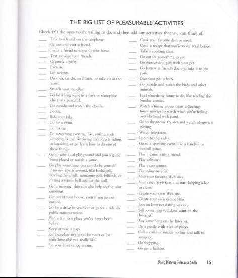 Big List of Pleasurable Activities 1 | Schizophrenia quotes, Psychoeducation, List of activities Pleasurable Activities List, Pleasure Activities, Coping Skills List, Therapy Handouts, Healing Circle, Skills List, Hangout Ideas, Heal Thyself, Counseling Kids