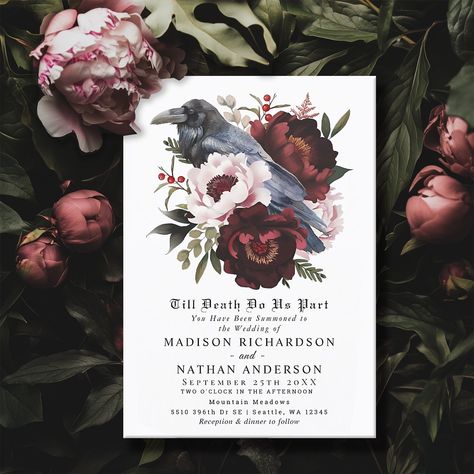 🌿Romantic Gothic Watercolor Raven Floral Wedding Invitation🌿 This goth floral raven wedding design features a simple, moody watercolor illustration of a raven perched on a bouquet. Perfect for a timeless romantic goth wedding or other special occasion. It is beautifully suited to a spooky-themed event in the fall or a unique winter event in a casual or formal setting. For more invitations and gifts our Zazzle shop #linkinbio #Zazzlemade #weddingstationery #weddinginvitation #weddingplanner... Romantic Goth Wedding, Raven Wedding, Gothic Watercolor, Moody Watercolor, Raven Perched, Goth Floral, Gothic Wedding Invitations, Marriage Announcement, Earthy Wedding