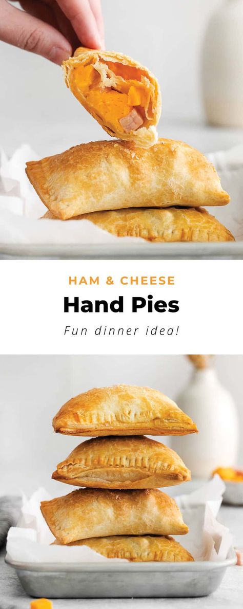 These ham and cheese hand pies are a delightful party snack or easy weeknight dinner idea. Made with a simple homemade crust, cheddar cheese and ham! Meat And Cheese Hand Pies, Diy Pillsbury Pie Crust, Ham And Cheese Tart, Ham And Cheese Hand Pies Pioneer Woman, Easy Packable Desserts, Ham Hand Pies Recipes, Pie Crust Recipes Dinner, Ham And Cheese Turnovers, Savory Fried Pies