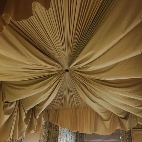 Joanna Plant on Instagram: "Day 1 of hand gathered fabric ceiling install #joannaplantinteriors" Joanna Plant, Fabric Ceiling, Gathered Fabric, Bed Styling, Ceiling Design, Ceiling, Curtains, Bed, Plants