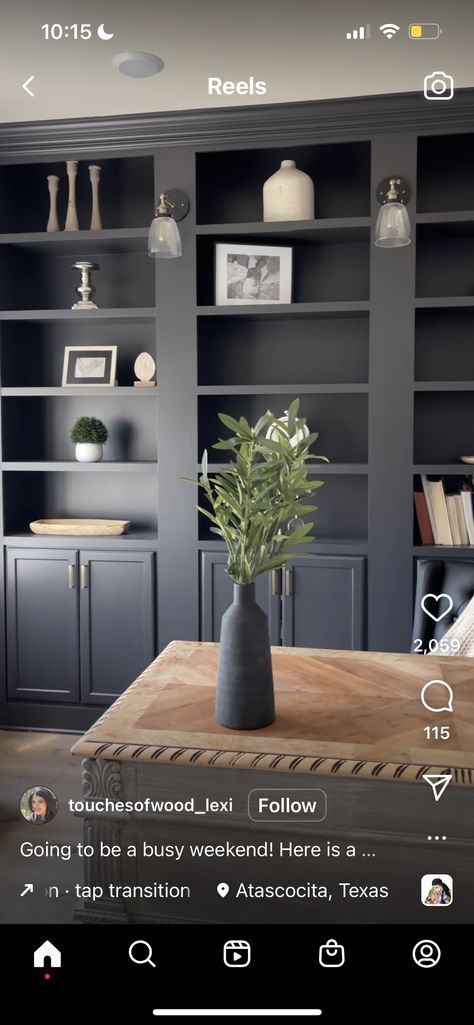 Dark Built Ins Living Room, Fitted Office Furniture, Bookshelves Living Room, Black And White Office, Built In Entertainment Center, Built In Shelves Living Room, Built In Cabinet, Book Wall, Pierre Frey