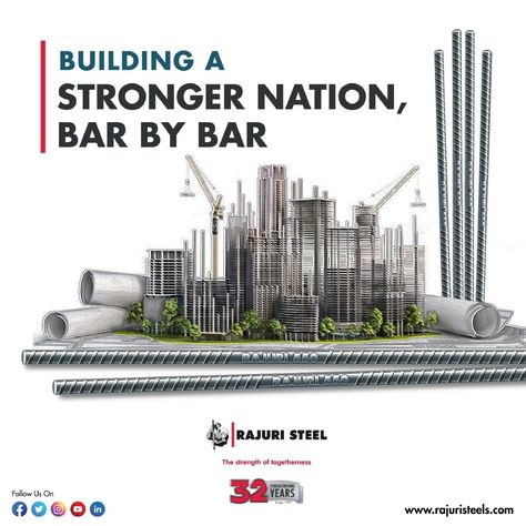 Rajuri Steel, a market pioneer in the manufacture of quality corrosion-resistant TMT bars, is committed to building a strong and lasting foundation for the country’s development. Every home, building, or project made with our TMT bars is a symbol of strength and holds the promise of a brighter future. #steel #RajuriSteel #TMTsteel #TMTbars #construction #architecture #building #TMTBar #TMT #Steelbar #TMTSariya #qualitysteel #TMTBarManufacturer #StrengthofTogetherness #InternationalQuality Steel Advertising Design, Building Construction Creative Ads, Tmt Steel Creative Ads, Tmt Bar Creative Ads, Steel Creative Ads, Construction Creative Ads, Car Showroom Design, Cement Work, Hoarding Design