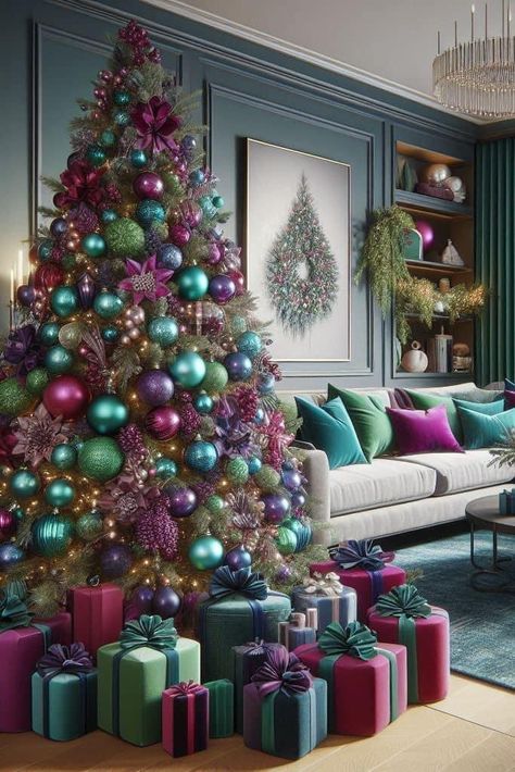 Christmas Tree Ideas Jewel Tones, Purple And Teal Christmas Decor, Gem Colored Christmas Tree, Purple And Green Christmas Decor, Colorful Xmas Tree, Fun Christmas Tree Ideas For Kids, Christmas Tree Ideas Multicolor Lights, Purple And Green Christmas Tree, Jewel Toned Christmas Tree