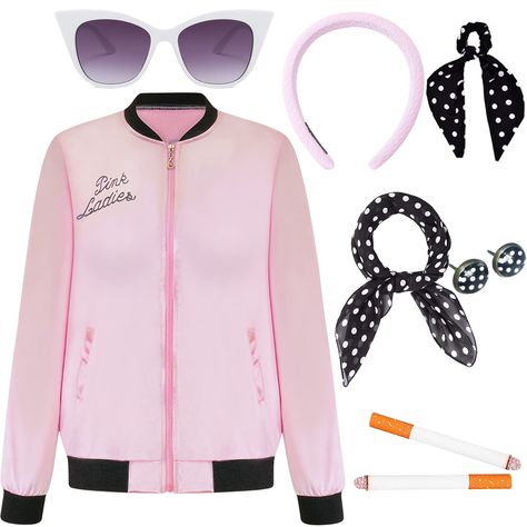 PRICES MAY VARY. Complete 1950s Themed Costume Set for Adults: This set includes a Pink Ladies jacket, glasses, neck scarf, headband, Dot earrings, and ponytail holders. It is perfect for creating a complete 1950s themed outfit for adults, ideal for sock hops, retro-themed events, or Halloween parties. Authentic Halloween Accessories and 1950s Dresses: Each accessory in this set is inspired by the classic Sandy from Grease costumes and 1950s fashion, ensuring that your costume has a high level o Pink Ladies Halloween Costumes, 50s Halloween Costumes, Pink Ladies Halloween, Sandy Grease Costume, 50s Costumes, Grease Halloween Costumes, 50s Halloween, Pink Lady Costume, Sandy From Grease