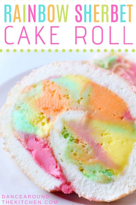 This light and refreshing Rainbow Sherbet Cake Roll will be the highlight of any spring or summer celebration. Rainbow Sherbet Ice Cream Cake, Rainbow Sherbet Cupcakes, Sherbet Dessert Ideas, Rainbow Sherbet Cake, Sherbet Ice Cream Cake, Sherbet Desserts, Sherbet Cake, Ice Cream Cake Roll, Easter Ice Cream