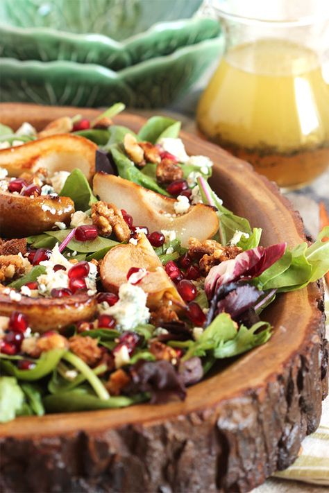 Bourbon Roasted Pear Salad with Gorgonzola and Candied Walnuts | The Suburban Soapbox Pear Gorgonzola Salad, Bourbon Party, Roasted Pear Salad, Pear Gorgonzola, Roasted Pears, Gorgonzola Salad, Cider Vinaigrette, Fall Salad, Roasted Pear