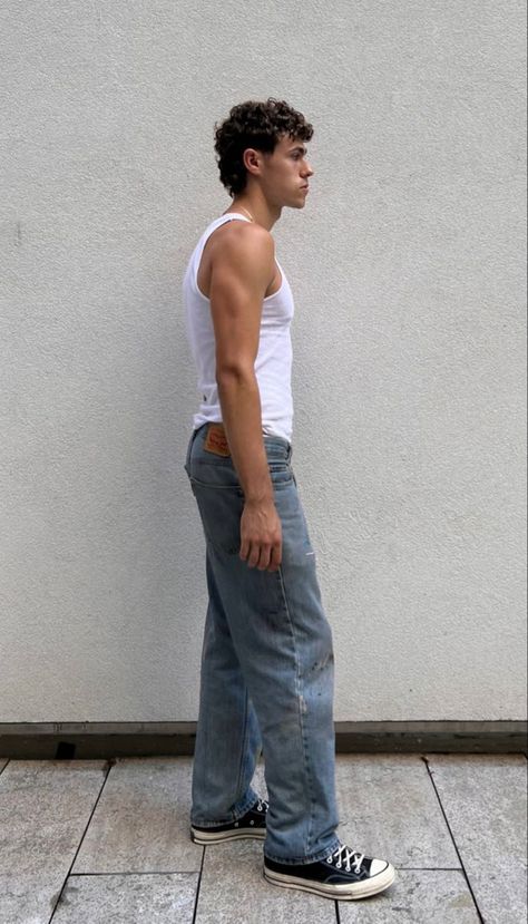 Wifebeater Outfit Aesthetic Men, Wife Beater Outfit Men, Wife Beater Outfit, Mens Surfer Style, Mens Fashion Week Street Style, Guy Fits, 90s Men, Prep Style, Boys Fits