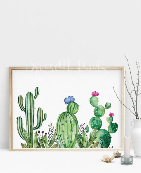 This watercolor cactus print will make a lovely addition to any room in your home or a unique gift for those who love succulent art. This is a digital file, ready for instant download. It can be printed on your own computer, by your local print/photo shop,or have it printed online. Cacman and TusGirl We are the cactus family 🌵 spreading Love is Our mission💞 Sharing our story as comics to let you know that true love exists❤️ Succulents Drawing, Paper Cactus, Cactus Watercolor, Cactus Craft, Picture Drawing, Plants Cactus, Succulent Wall Art, Succulent Art, Watercolor Poster