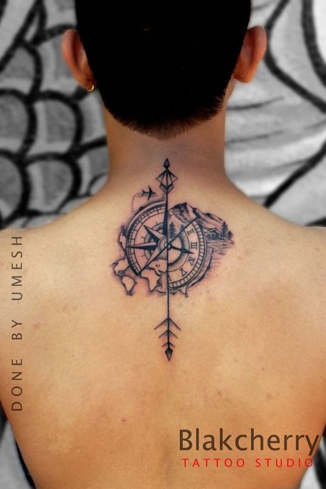 Compass Tattoo Back Of Neck, Compass Watch Tattoo, Clock And Compass Tattoo, Clock Compass Tattoo, Compass Back Tattoo, Traveller Tattoo, Moutain Tattoos, Clock Tattoo Sleeve, Compass Tattoo Men