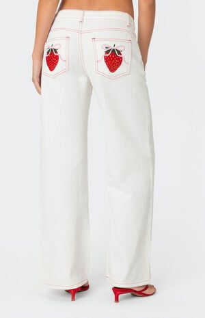 Edikted Strawberry Bow Pocket Jeans | PacSun Strawberry Embroidery, Bow Jeans, Stylish Jeans, Winter Jeans, Swimwear Dress, Straight Leg Denim, Best Jeans, Really Cute Outfits, Pocket Jeans