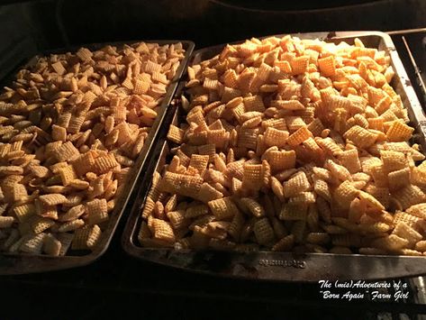 "Old Fashion" Oven Baked Chex Mix - The (mis)Adventures of a Homesteadin' Mama Old School Chex Mix Recipe, Chex Mix Baked In Oven, Baked Chex Mix Oven, Oven Chex Mix Recipes, Homemade Nuts And Bolts Recipes, Original Chex Mix Oven Recipe, Chex Mix Recipes Original Ovens, Homemade Chex Mix Recipe Oven, Old Fashioned Chex Mix Recipe