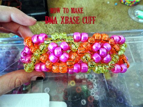 How to make an DNA designed xbase cuff Xbase Cuff, Plur Bracelets, X Base Cuff, Kawaii Kandi, Rave Candy, Kandi Inspiration, Kandi Inspo, Diy Kandi Bracelets, Pony Bead Crafts