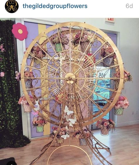 Gorgeous gold Ferris wheel with beautiful flowers. Very Parisian Smell Good, Ferris Wheel, Beautiful Flowers, Fair Grounds, Baby Shower, Wheel, Shower, Birthday, Flowers