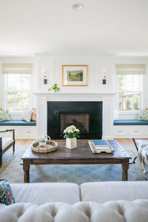 Fireplace With Window Seats On Each Side, Tv Between Two Windows Living Rooms, Fireplace Between Windows, Fireplace And Windows, Western House, Fireplace Windows, Farmhouse Blue, Dark Rooms, Fireplace Seating