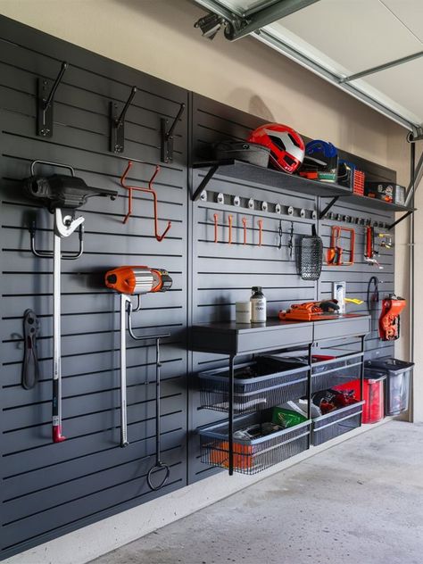 15 Garage Wall Storage Ideas – The DIY Desire Garage Wall Shelving Ideas, Garage Storage Wall, Large Garage Organization, Garage Slatwall Ideas, Paneling In Garage, Wall Tool Storage, Garage Organization Design, Garage Wall Organization Ideas, Garage Tools Organization Ideas