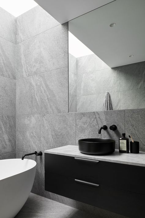 Ensuit Bathroom, Terrace House Renovation, Contemporary Terrace, Small Ensuite, Grey Toilet, Bathroom Colour, Grey And White Bathroom, Toilet Tiles, Gray And White Bathroom