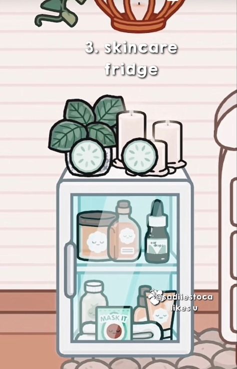 Skin Care Fridge Toca Boca, Toca Boca Skincare Fridge Ideas, Toca Boca Mini Fridge, Toca Boca Room Ideas New House, Toca Boca Mini Fridge Ideas, Cute Toca Boca House Ideas, Toca Boca Skincare Fridge, Toca Boca Fridge Ideas, Toca Boca House Ideas Aesthetic