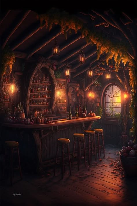 Fantasy Docks Concept Art, Fantasy Location Inspiration, Fantasy Tavern Interiors, Fantasy Art Room, Tavern Fantasy Art, Fantasy Tavern Art, Cozy Fantasy Aesthetic, Fantasy Room Art, Fantasy Home Art