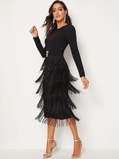 Buckle Belted Layered Fringe Detail Pencil Dress | SHEIN USA Fringe Dress Outfit, Fringe Skirt Outfit, Layered Fringe, Sleeved Velvet Dress, Panel Dress, Printed Bodycon Dress, Fringe Skirt, Round Neck Dresses, Fringe Dress