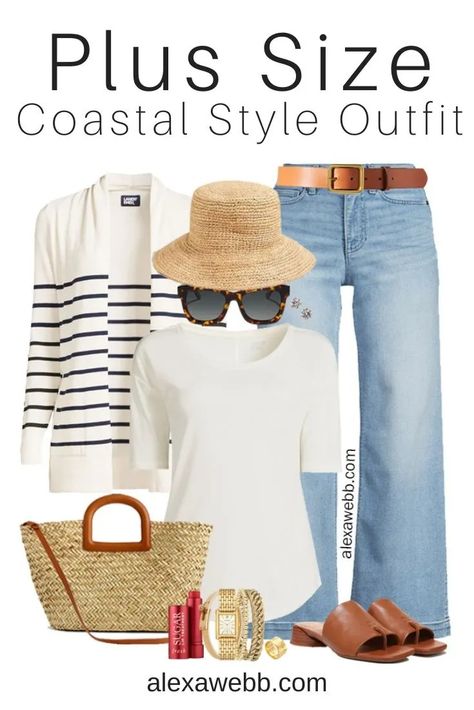 Plus Size Coastal Style Outfit - Alexa Webb Plus Size Alexa Webb, Navy Striped Dress Outfit, Fall Beach Outfits, Outfit Ideas For Plus Size, Striped Dress Outfit, Outfits With Striped Shirts, 60 Outfits, Alexa Webb, Outfit For Summer