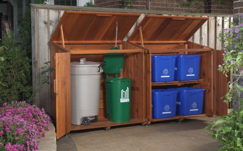 Outdoor recycling and trash storage solution - I like this but with a ramp of some sort and a little bigger for all our cans! Recycling Storage, Trash Storage, Garbage Storage, Outdoor Storage Shed, Storage Area, Recycle Trash, Shed Storage, Storage Shed, Recycling Bins