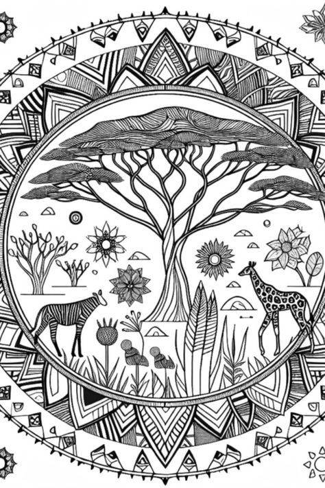 Embark on a coloring adventure with this captivating Safari Mandala page featuring a majestic tree, a zebra, and a giraffe. Let your creativity run wild with intricate patterns ready to be colored. Perfect for relaxation and mindfulness. Forest Coloring Pages, Enchanted Forest Coloring, Forest Color, Adult Colouring Printables, Ocean Scenes, Different Shades Of Green, Colouring Printables, Beautiful Ocean, Colouring Techniques