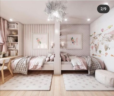 Bedroom Ideas For Small Rooms With 2 Twin Beds, Kids Room Sharing Ideas, Shared Bedroom Separator Ideas, Bedroom Ideas For Two Sisters Small Room, Shared Childrens Bedroom, Shared Girls Room Teen, 2 People Bedroom Ideas, 3 Person Bedroom, Two Person Bedroom