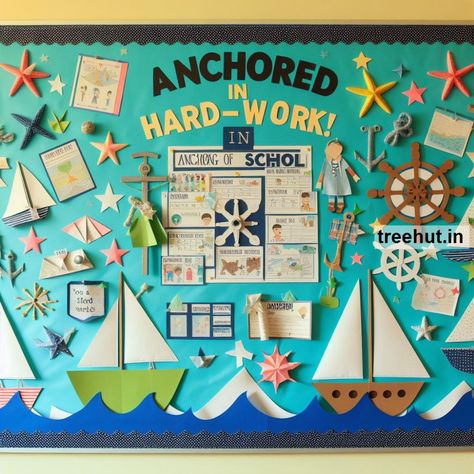 Nautical Bulletin Board Ideas, School Bulletin Board Ideas, Summer Bulletin Board 3d Bulletin Boards, Nautical Bulletin Boards, Elementary School Bulletin Boards, Nautical Classroom Theme, Classroom Background, Nautical Classroom, Bullentin Boards, Summer Bulletin Boards, Reading Bulletin Boards