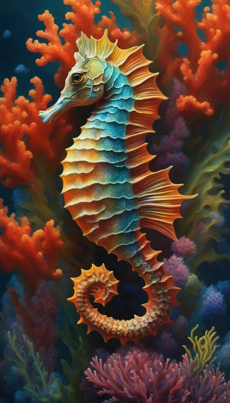 Sea Drawings, Ocean Creatures Art, Colorful Seahorse, Sea Paintings, Sea Creatures Art, Seahorse Art, Sea Horses, Sea Life Art, Fused Glass Artwork