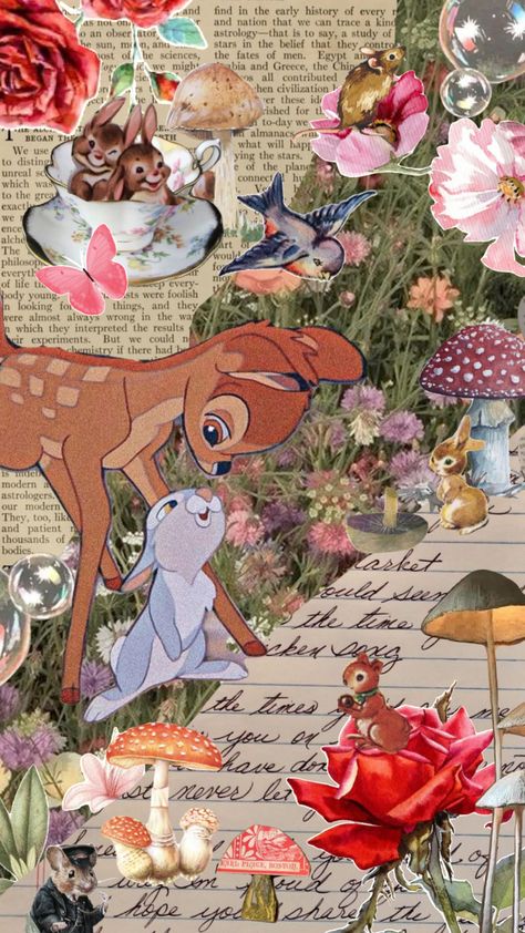 Bambi Wallpapers Aesthetic, Disney Inspired Wallpaper, Vintage Spring Wallpaper, Spring Disney Wallpaper, Bambi Wallpaper Aesthetic, Bambi Aesthetic Wallpaper, Deer Aesthetic Wallpaper, Vintage Disney Aesthetic Wallpaper, Disney Collage Wallpapers