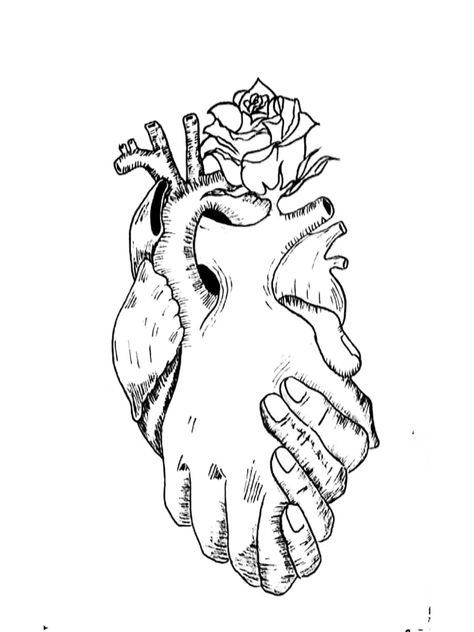 Holding Hands Heart Tattoo, Heart Hands Tattoo Design, Atomically Correct Heart, Heart With Flowers Drawing, Heart Hands Tattoo, Entwined Art, Heart Drawing Aesthetic, Hand Heart Tattoo, Heart Flower Tattoo