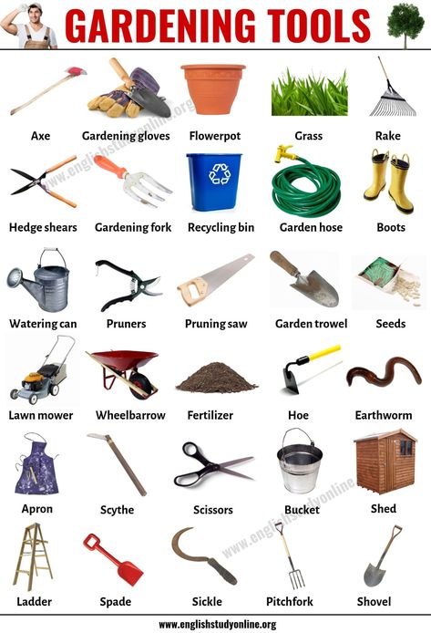 Gardening Tools: List of 30 Useful Tools Names for Gardening - English Study Online Gardening Tools Names, Desain Quilling, Learning English For Kids, English Vocab, Kids English, English Lessons For Kids, English Writing Skills, Learn English Vocabulary, English Vocabulary Words Learning